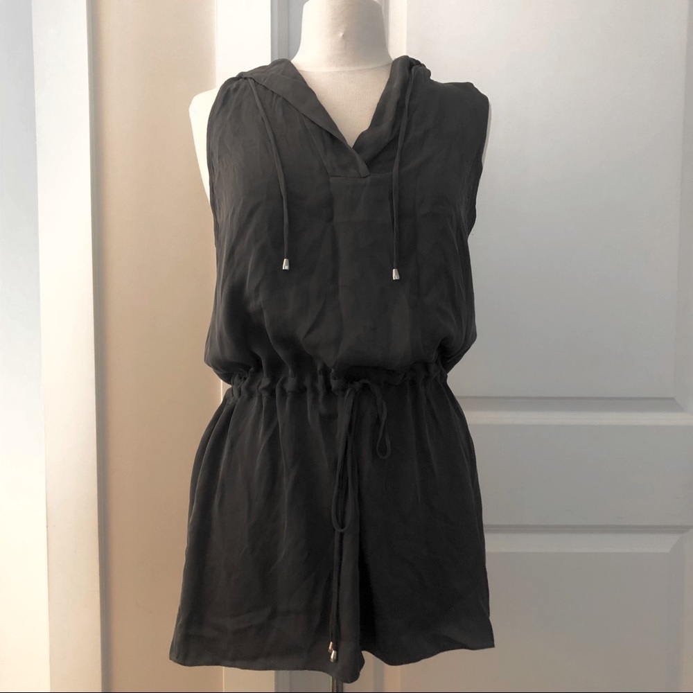 Milly grey silk drawstring tunic with hood